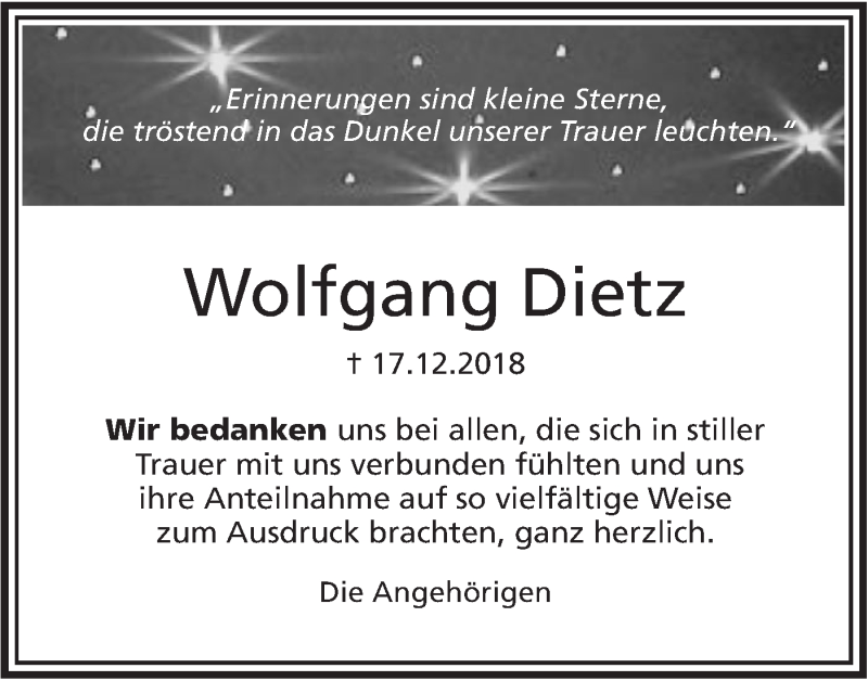  Traueranzeige für Wolfgang Dietz vom 26.01.2019 aus SÜDWEST PRESSE Ausgabe Ulm/Neu-Ulm