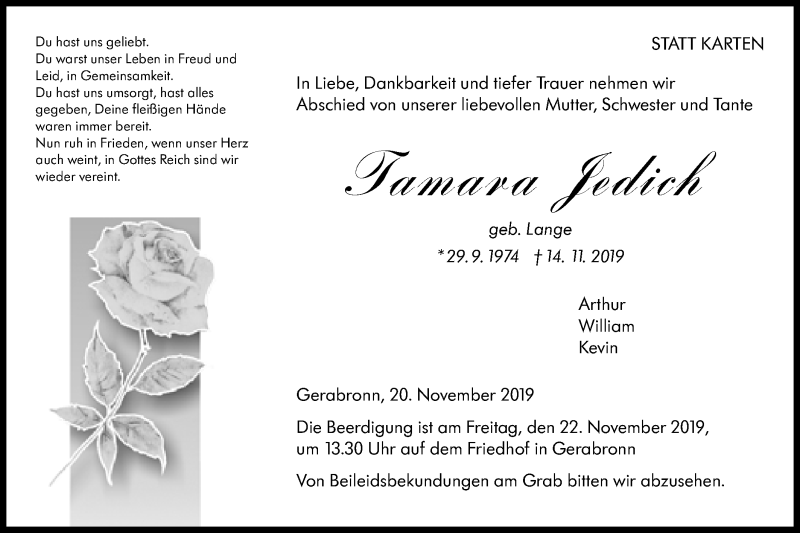  Traueranzeige für Tamara Jedich vom 20.11.2019 aus Hohenloher Tagblatt