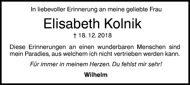  Traueranzeige für Elisabeth Kolnik vom 18.12.2019 aus NWZ Neue Württembergische Zeitung