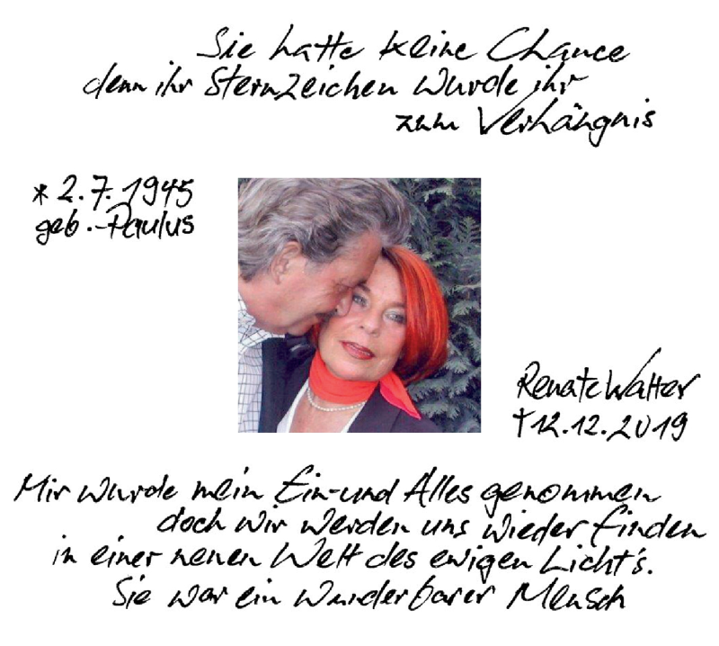  Traueranzeige für Renate Walter vom 21.12.2019 aus NWZ Neue Württembergische Zeitung
