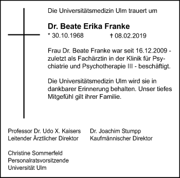 Traueranzeige von Beate Erika Franke von SÜDWEST PRESSE Ausgabe Ulm/Neu-Ulm