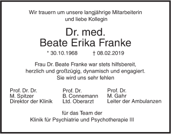 Traueranzeige von Beate Erika Franke von SÜDWEST PRESSE Ausgabe Ulm/Neu-Ulm