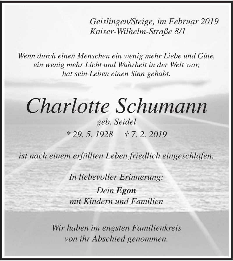  Traueranzeige für Charlotte Schumann vom 20.02.2019 aus Geislinger Zeitung