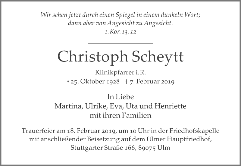  Traueranzeige für Christoph Scheytt vom 13.02.2019 aus SÜDWEST PRESSE Ausgabe Ulm/Neu-Ulm