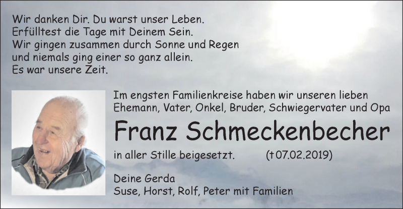  Traueranzeige für Franz Schmeckenbecher vom 20.02.2019 aus Haller Tagblatt
