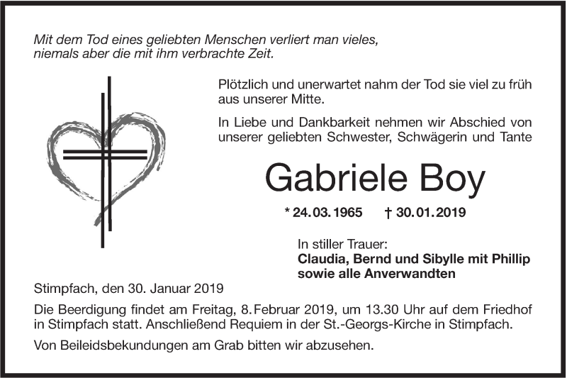  Traueranzeige für Gabriele Boy vom 06.02.2019 aus Hohenloher Tagblatt