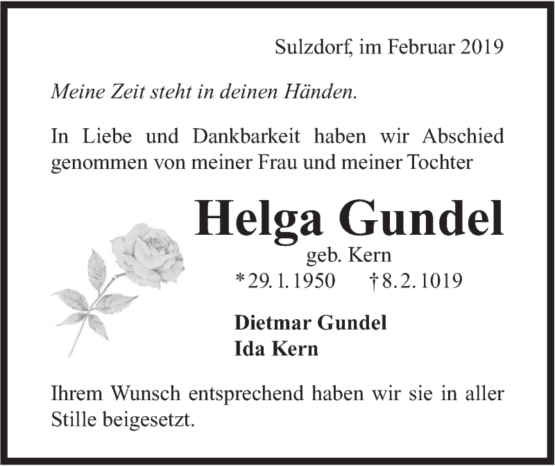  Traueranzeige für Helga Gundel vom 23.02.2019 aus Haller Tagblatt