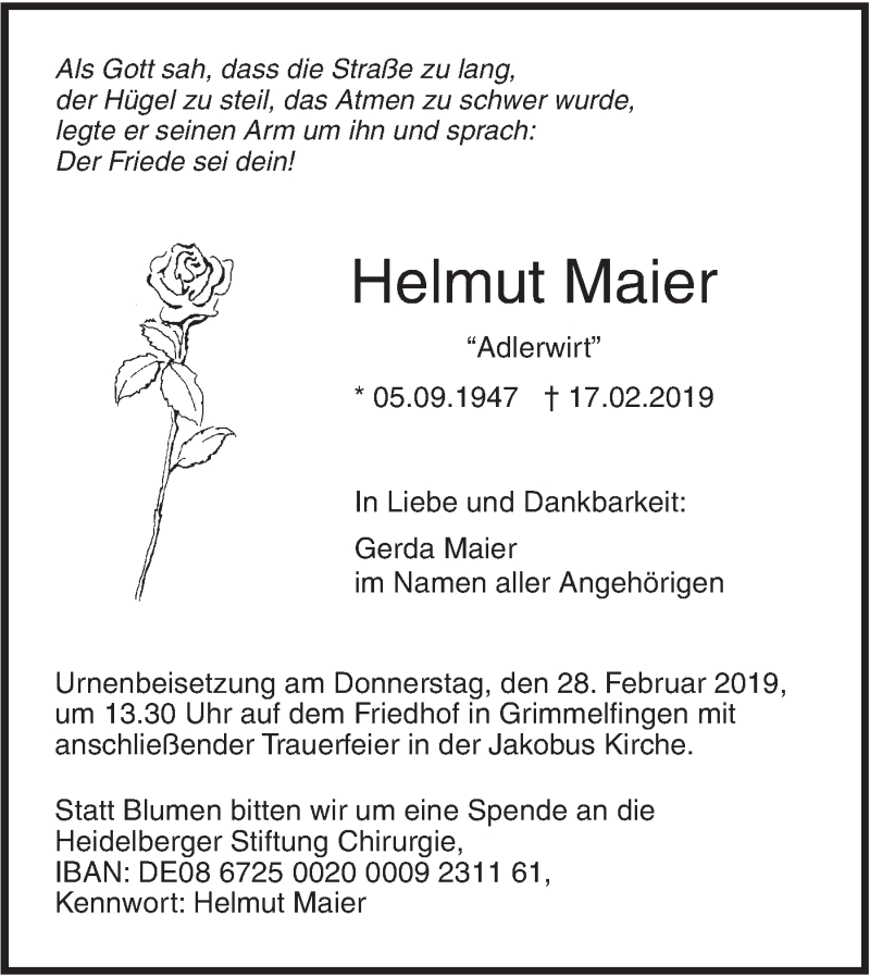  Traueranzeige für Helmut Maier vom 23.02.2019 aus SÜDWEST PRESSE Ausgabe Ulm/Neu-Ulm