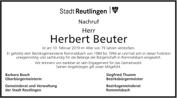 Traueranzeige von Herbert Beuter von Metzinger-Uracher Volksblatt