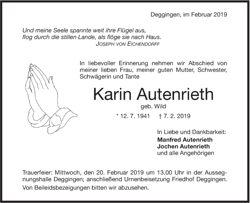  Traueranzeige für Karin Autenrieth vom 16.02.2019 aus Geislinger Zeitung