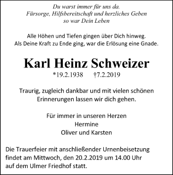 Traueranzeige von Karl Heinz Schweizer von SÜDWEST PRESSE Ausgabe Ulm/Neu-Ulm