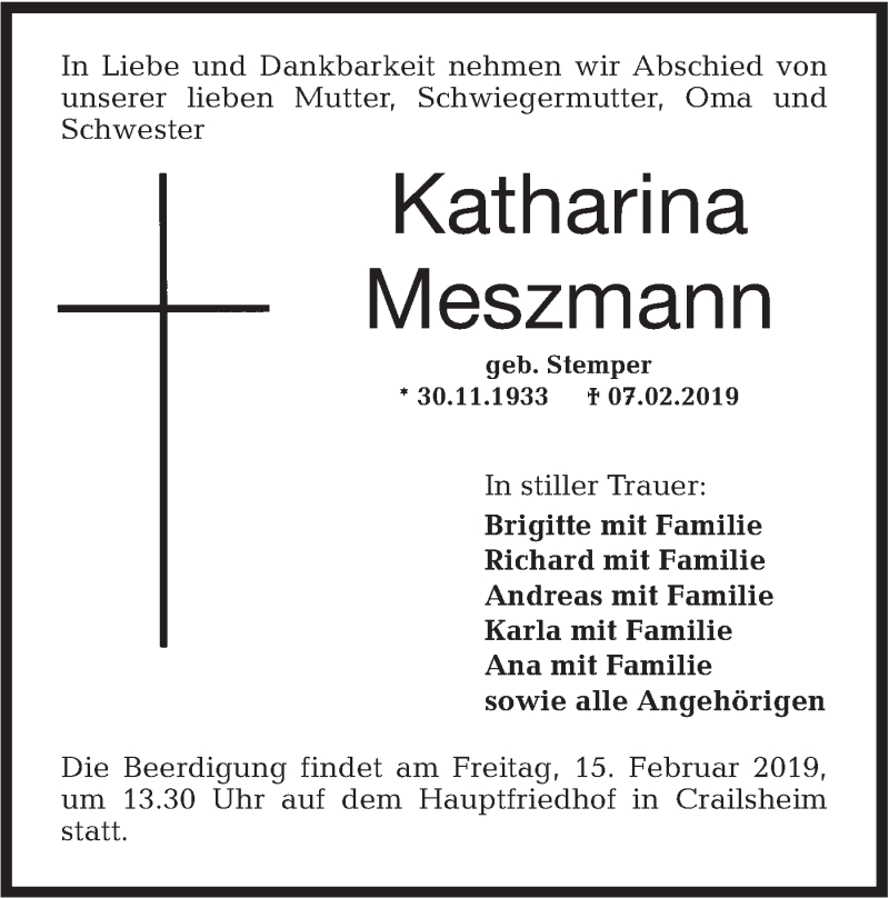  Traueranzeige für Katharina Meszmann vom 13.02.2019 aus Hohenloher Tagblatt
