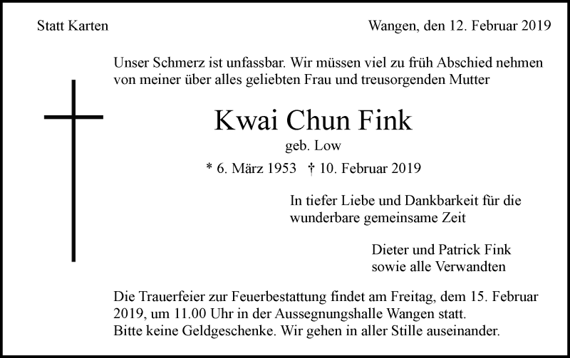  Traueranzeige für Kwai Chun Fink vom 13.02.2019 aus NWZ Neue Württembergische Zeitung