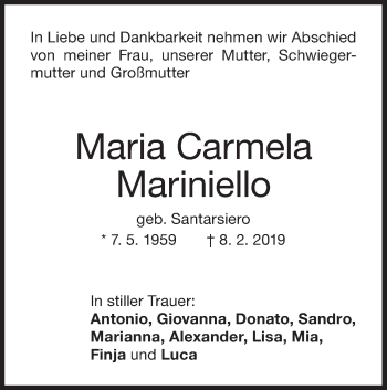 Traueranzeige von Maria Carmela Mariniello von NWZ Neue Württembergische Zeitung