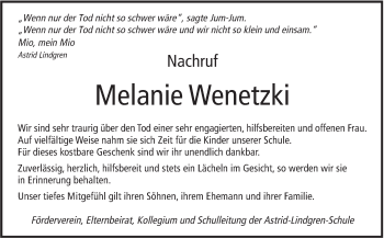 Traueranzeige von Melanie Wenetzki von Alb-Bote/Metzinger-Uracher Volksblatt