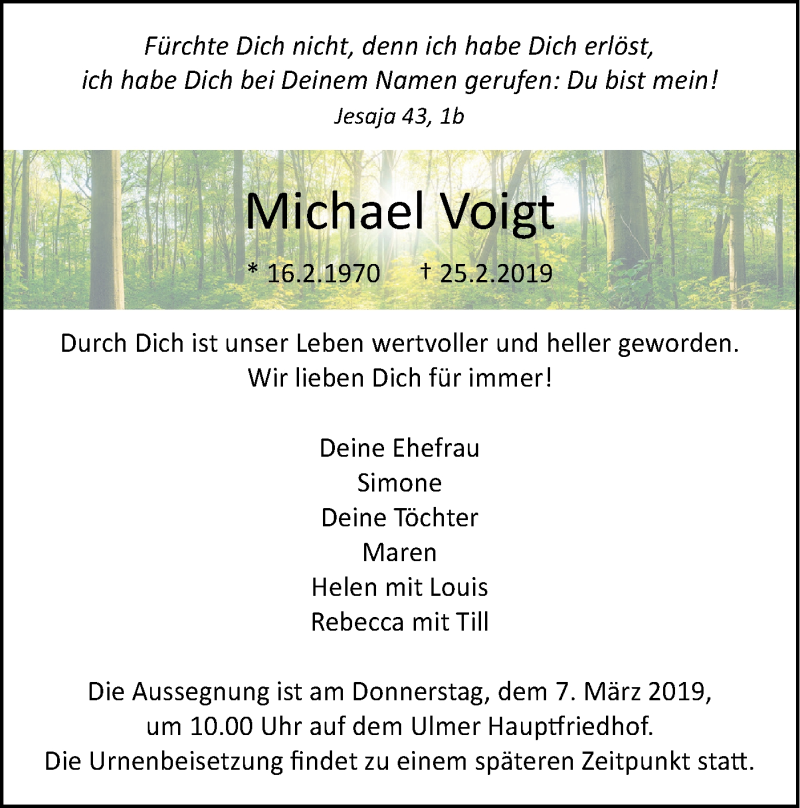  Traueranzeige für Michael Voigt vom 02.03.2019 aus SÜDWEST PRESSE Ausgabe Ulm/Neu-Ulm
