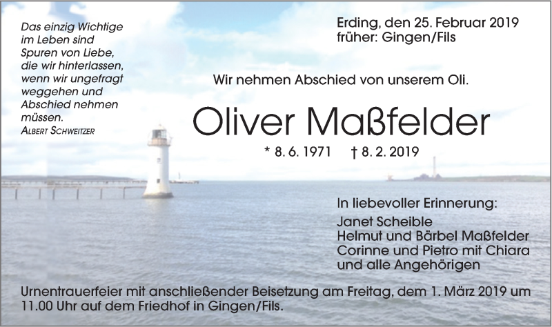  Traueranzeige für Oliver Maßfelder vom 25.02.2019 aus Geislinger Zeitung