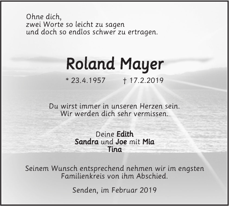  Traueranzeige für Roland Mayer vom 23.02.2019 aus SÜDWEST PRESSE Ausgabe Ulm/Neu-Ulm