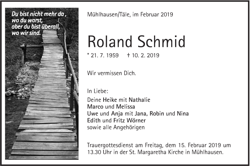  Traueranzeige für Roland Schmid vom 13.02.2019 aus Geislinger Zeitung