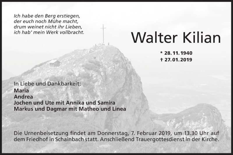  Traueranzeige für Walter Kilian vom 05.02.2019 aus Hohenloher Tagblatt