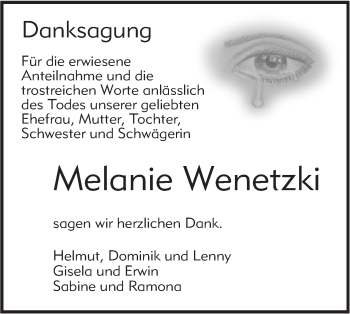 Traueranzeige von Melanie Wenetzki von Alb-Bote/Metzinger-Uracher Volksblatt