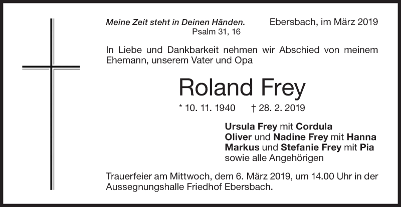  Traueranzeige für Roland Frey vom 04.03.2019 aus NWZ Neue Württembergische Zeitung