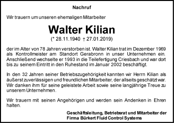 Traueranzeige von Walter Kilian von Hohenloher Tagblatt