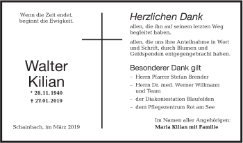 Traueranzeige von Walter Kilian von Hohenloher Tagblatt