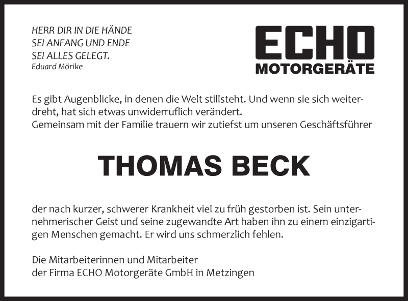  Traueranzeige für Thomas Beck vom 02.04.2019 aus Metzinger-Uracher Volksblatt