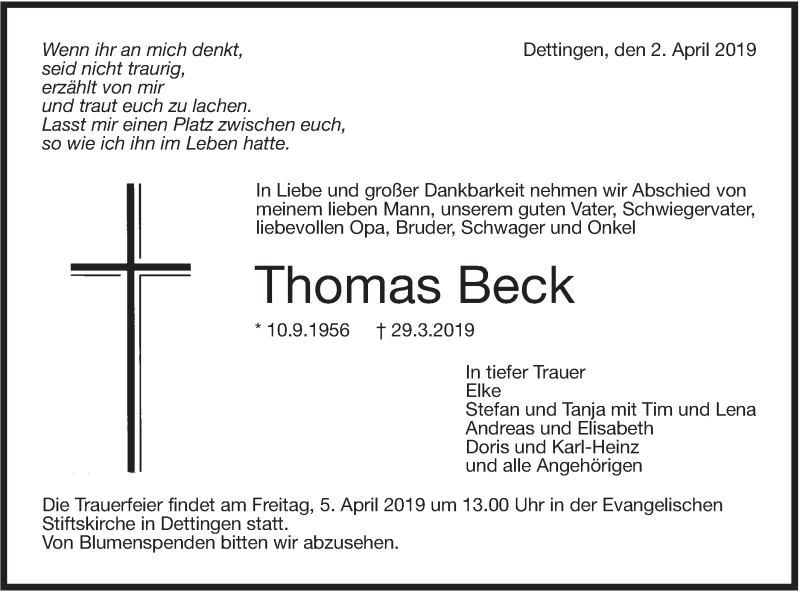  Traueranzeige für Thomas Beck vom 02.04.2019 aus Metzinger-Uracher Volksblatt