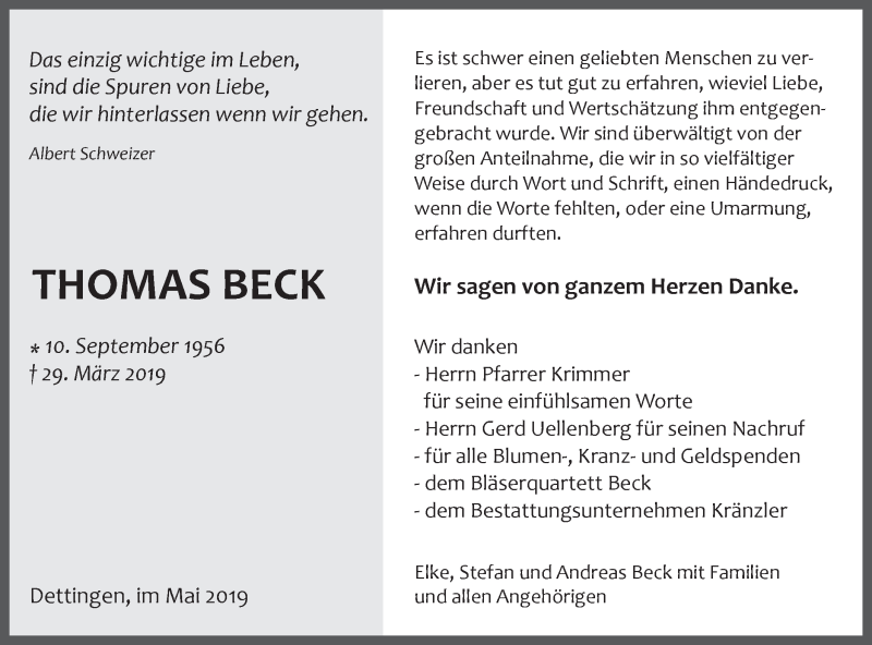  Traueranzeige für Thomas Beck vom 06.05.2019 aus Metzinger-Uracher Volksblatt