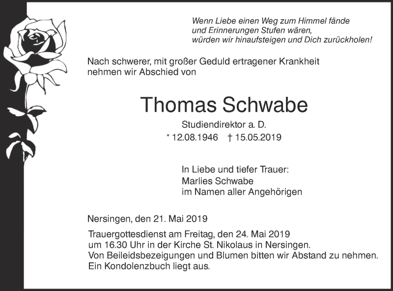  Traueranzeige für Thomas Schwabe vom 21.05.2019 aus SÜDWEST PRESSE Ausgabe Ulm/Neu-Ulm
