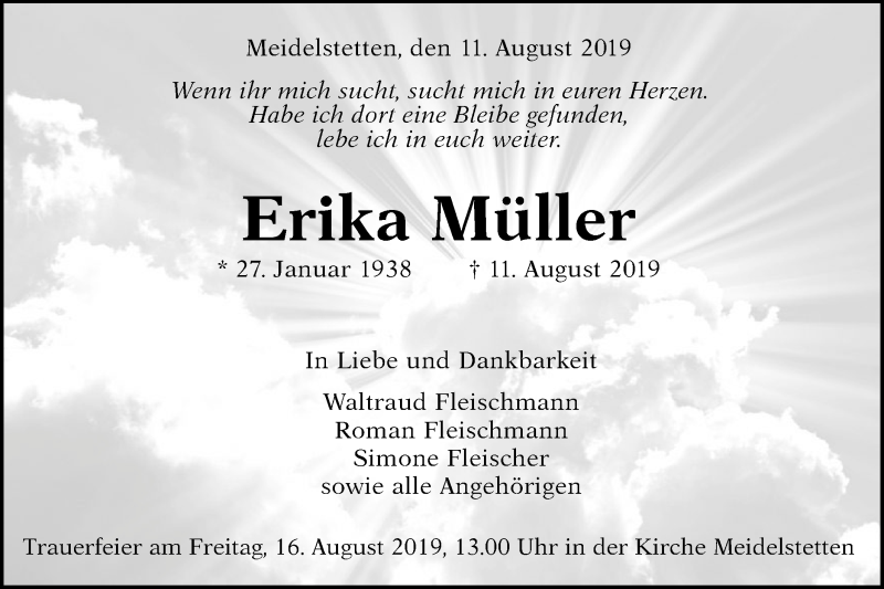  Traueranzeige für Erika Müller vom 14.08.2019 aus Alb-Bote/Metzinger-Uracher Volksblatt