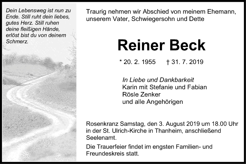  Traueranzeige für Reiner Beck vom 02.08.2019 aus Hohenzollerische Zeitung