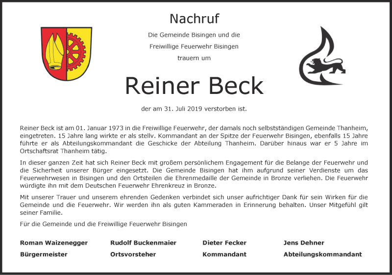  Traueranzeige für Reiner Beck vom 07.08.2019 aus Hohenzollerische Zeitung