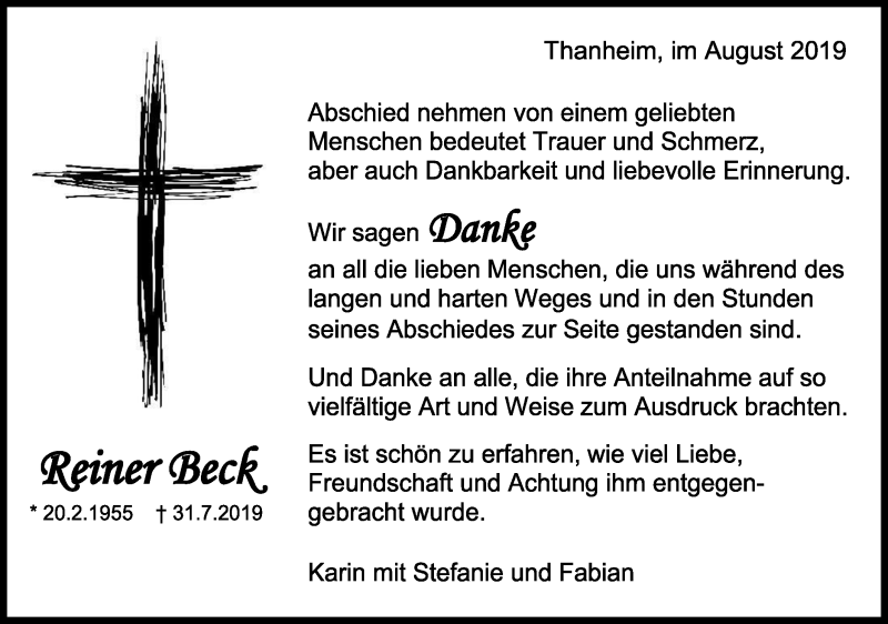  Traueranzeige für Reiner Beck vom 24.08.2019 aus Hohenzollerische Zeitung