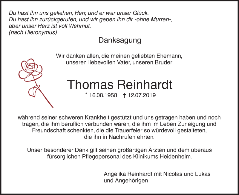  Traueranzeige für Thomas Reinhardt vom 03.08.2019 aus SÜDWEST PRESSE Ausgabe Ulm/Neu-Ulm