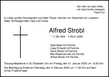 Traueranzeige von Alfred Strobl von SÜDWEST PRESSE Ausgabe Ulm/Neu-Ulm
