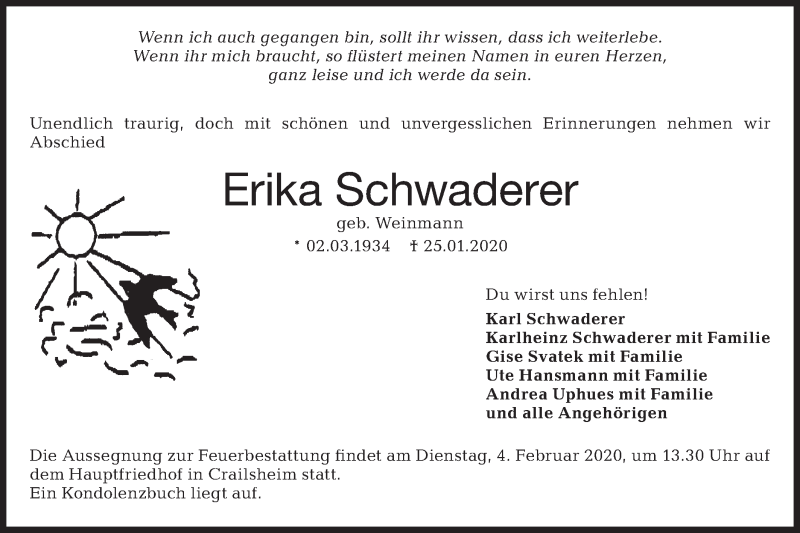  Traueranzeige für Erika Schwaderer vom 31.01.2020 aus Hohenloher Tagblatt