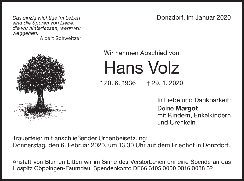  Traueranzeige für Hans Volz vom 01.02.2020 aus NWZ Neue Württembergische Zeitung