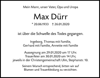 Traueranzeige von Max Dürr von SÜDWEST PRESSE Ausgabe Ulm/Neu-Ulm