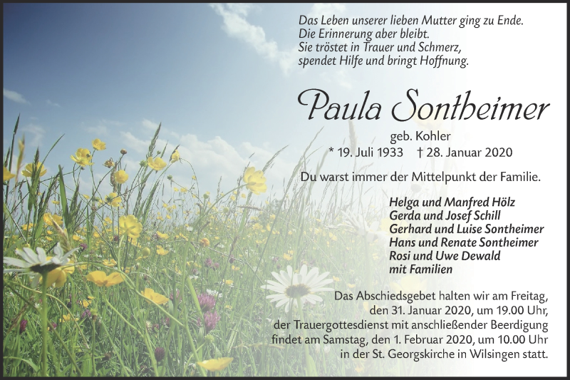  Traueranzeige für Paula Sontheimer vom 30.01.2020 aus Alb-Bote/Metzinger-Uracher Volksblatt