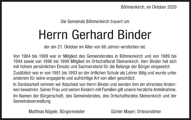  Traueranzeige für Gerhard Binder vom 28.10.2020 aus Geislinger Zeitung