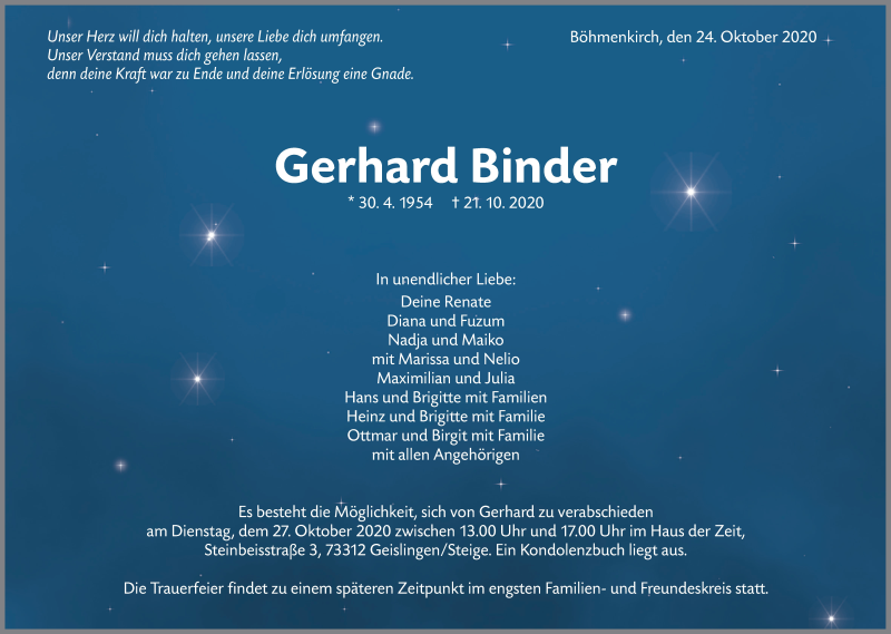  Traueranzeige für Gerhard Binder vom 24.10.2020 aus Geislinger Zeitung