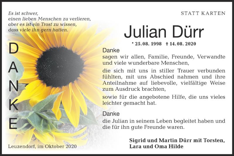  Traueranzeige für Julian Dürr vom 09.10.2020 aus Hohenloher Tagblatt