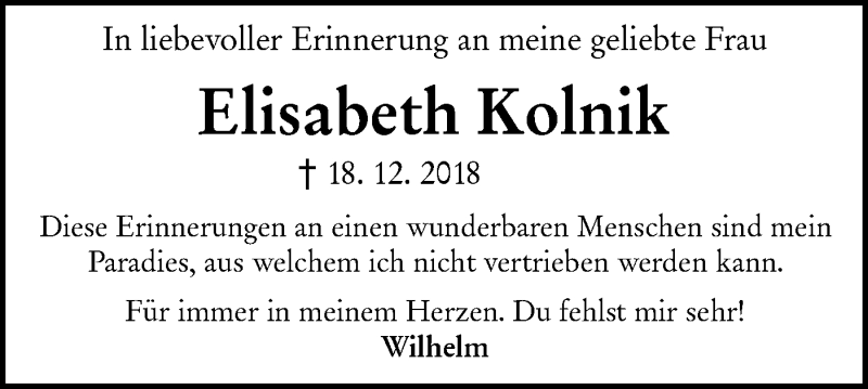  Traueranzeige für Elisabeth Kolnik vom 18.12.2020 aus NWZ Neue Württembergische Zeitung