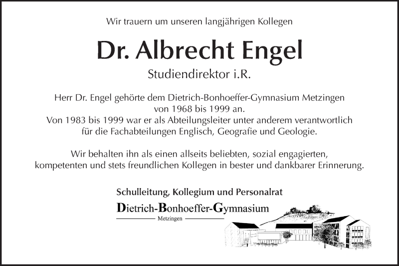  Traueranzeige für Albrecht Engel vom 15.02.2020 aus Metzinger-Uracher Volksblatt