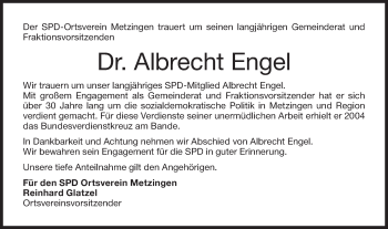 Traueranzeige von Albrecht Engel von Metzinger-Uracher Volksblatt