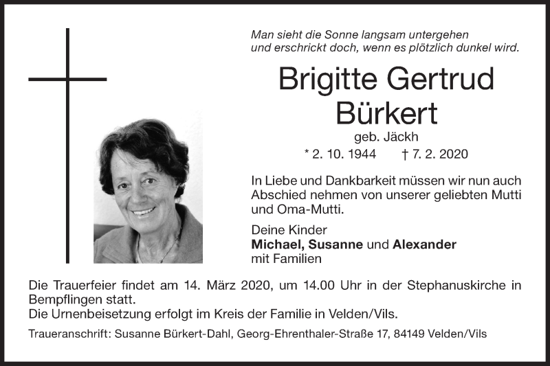 Traueranzeige für Brigitte Gertrud Bürkert vom 07.03.2020 aus Metzinger-Uracher Volksblatt