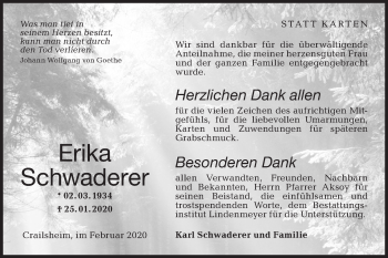 Traueranzeige von Erika Schwaderer von Hohenloher Tagblatt